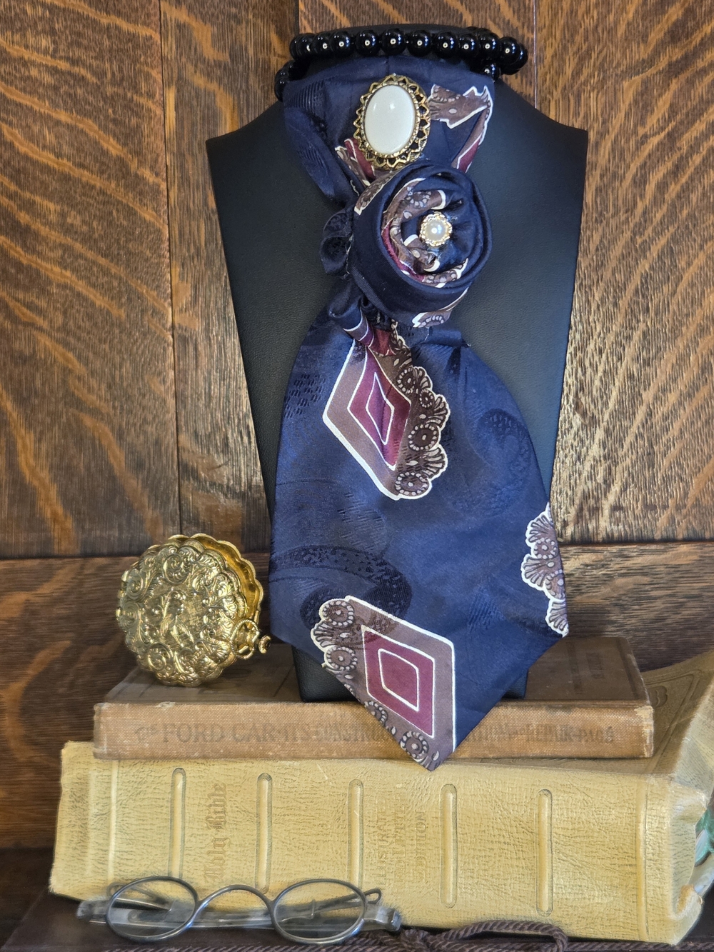 Navy Silk Paisley Ascot Tie with Burgundy Accents